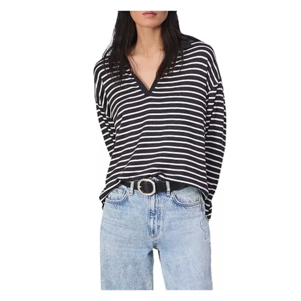 Rag & Bone Womens Striped V-Neck Polo Sweater Black White Long Sleeve Small